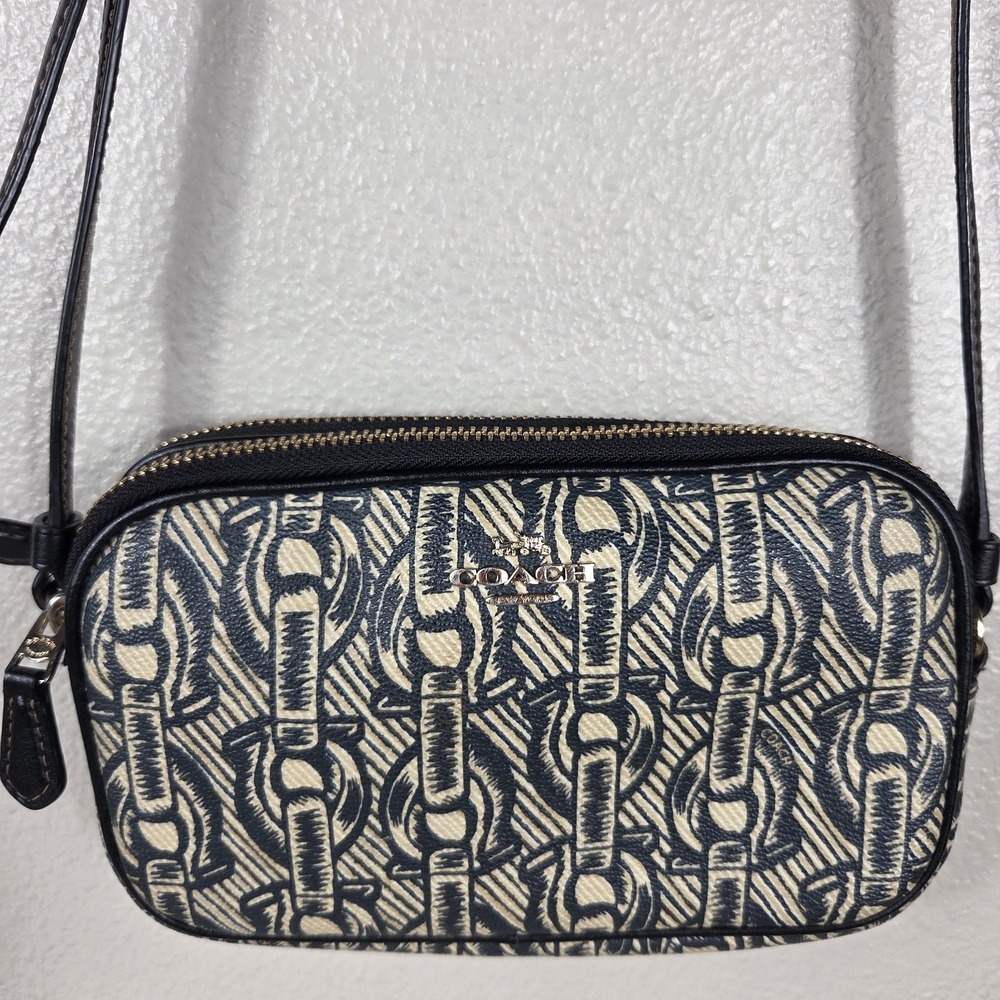 Coach Outlet Mini Camera Crossbody Bag Horse & Carriage Print Black Ivory